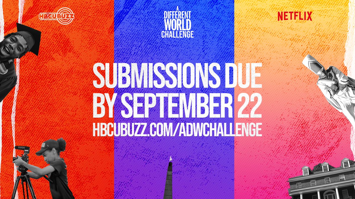 HBCUBuzz's tweet photo. We heard you! 🙌 HBCUs, you've got MORE time to show us your world 🎬
Reimagine the iconic A Different World opening through the lens of your campus using the official theme song.
⏰ Submit by Sept. 22 @ 11:59 PM EST: https://t.co/PmzoXhURtQ
#ADifferentWorldChallenge @netflix https://t.co/YmlKrbXRth