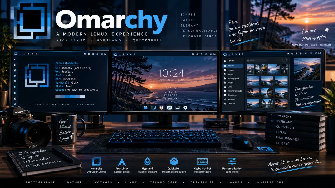 LandesPhoto40's tweet photo. 🔳 Omarchy : ma découverte d'un Linux moderne après 25 ans de pratique 

https://t.co/VGv0WMXZZ8 

#Omarchy #Linux #ArchLinux #Hyprland #LinuxDesktop #LinuxUser #LinuxFrance #LinuxPhotography #LinuxPhotographer #OpenSource #FOSS #LogicielLibre #CachyOS #PhotographyWorkflow https://t.co/DPo4BNJakC