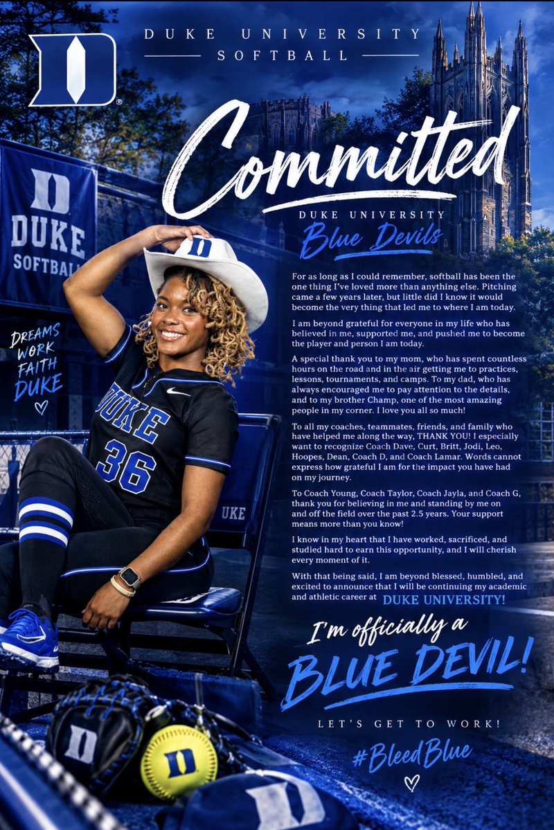 la_breah's tweet photo. It’s never just been about the next 4 years. I’ve always wanted to be somewhere that would prepare me for the next 25 years of my life. Duke checked every box for me, academically and athletically. Being able to play softball while pursuing my dream of a career in law is an incredible feeling. I’m beyond grateful and so proud to announce that I’ll be continuing my academic and athletic career at Duke University! 💙 #BleedBlue @DukeCoachYoung @CoachTaylor_W @JalaWright14 @grayskye26 @DukeSOFTBALL @rothrock03 @LadyDukesLamar @LadyDukesBurden @60formeLYJ @DiamondAddicts @SoftbalAmerica @BradyVernon @RoyFuoco @polk_way @rmcafee8 @lmaulden15 @LineDsoftball @oliviaadyan