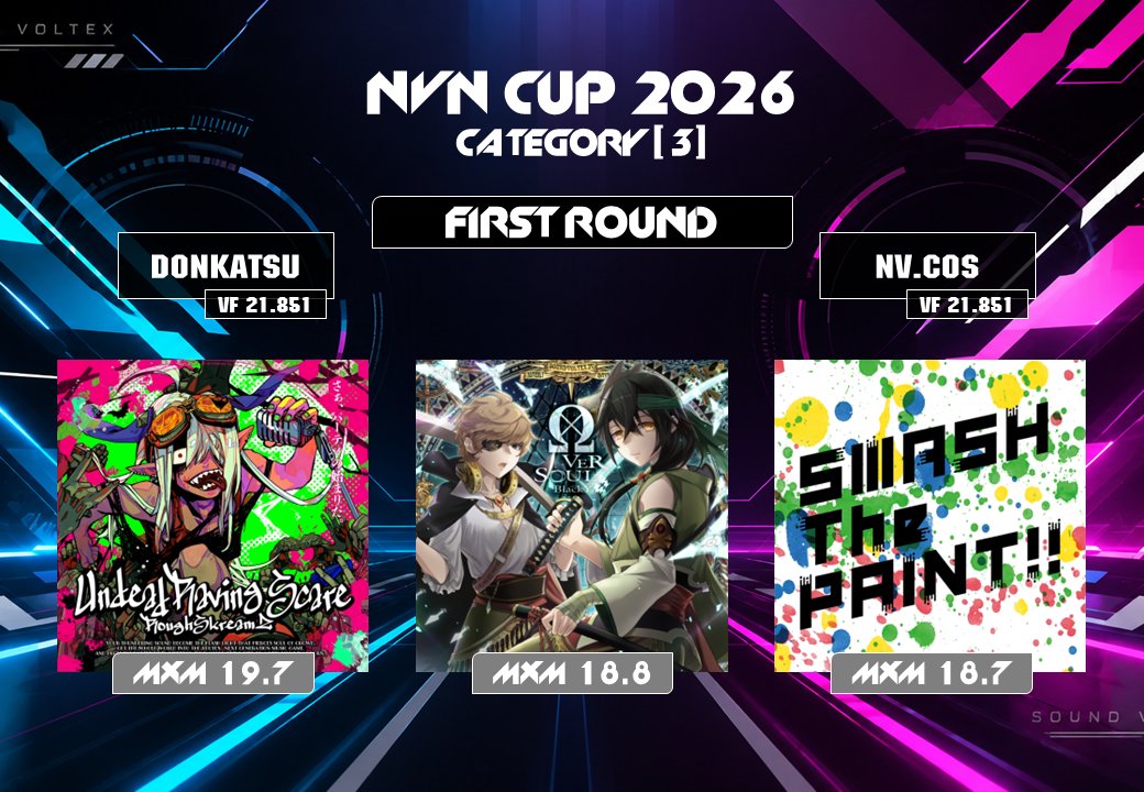 NVN_SDVX_team's tweet photo. 【#NVN杯2026】
カテゴリ③ 決勝 1回戦の課題曲を発表します！
詳細は画像をご確認ください！

・予選と異なり、単曲ずつの提出となります
・通しでプレーする必要はありません
・スコア更新が可能です(仕様上各曲10回まで)

期限：9/28(月) 20:00まで

↓提出はこちら↓
https://t.co/rHXenMexcI https://t.co/ZXHG8wh01m