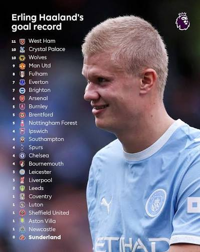 yabaleftonline's tweet photo. Erling Haaland has now scored against every Premier League team he has faced, all 25 of them. https://t.co/0AF9qfznO1