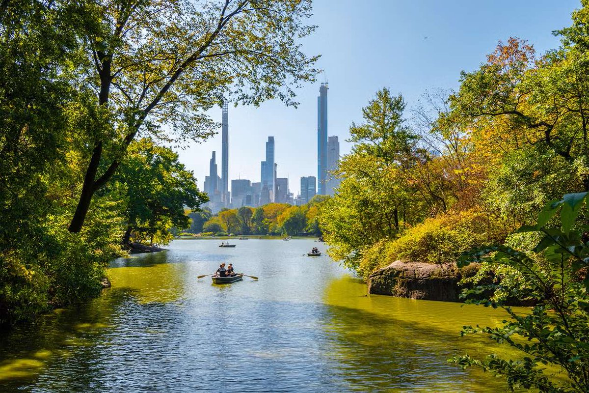 A scenic view of Central Park with a calm lake in the foreground and several boats gently paddling. Tall skyscrapers of Manhattan, including notable structures, stand in the background. The surrounding trees display vibrant green and autumnal colors under a clear blue sky.