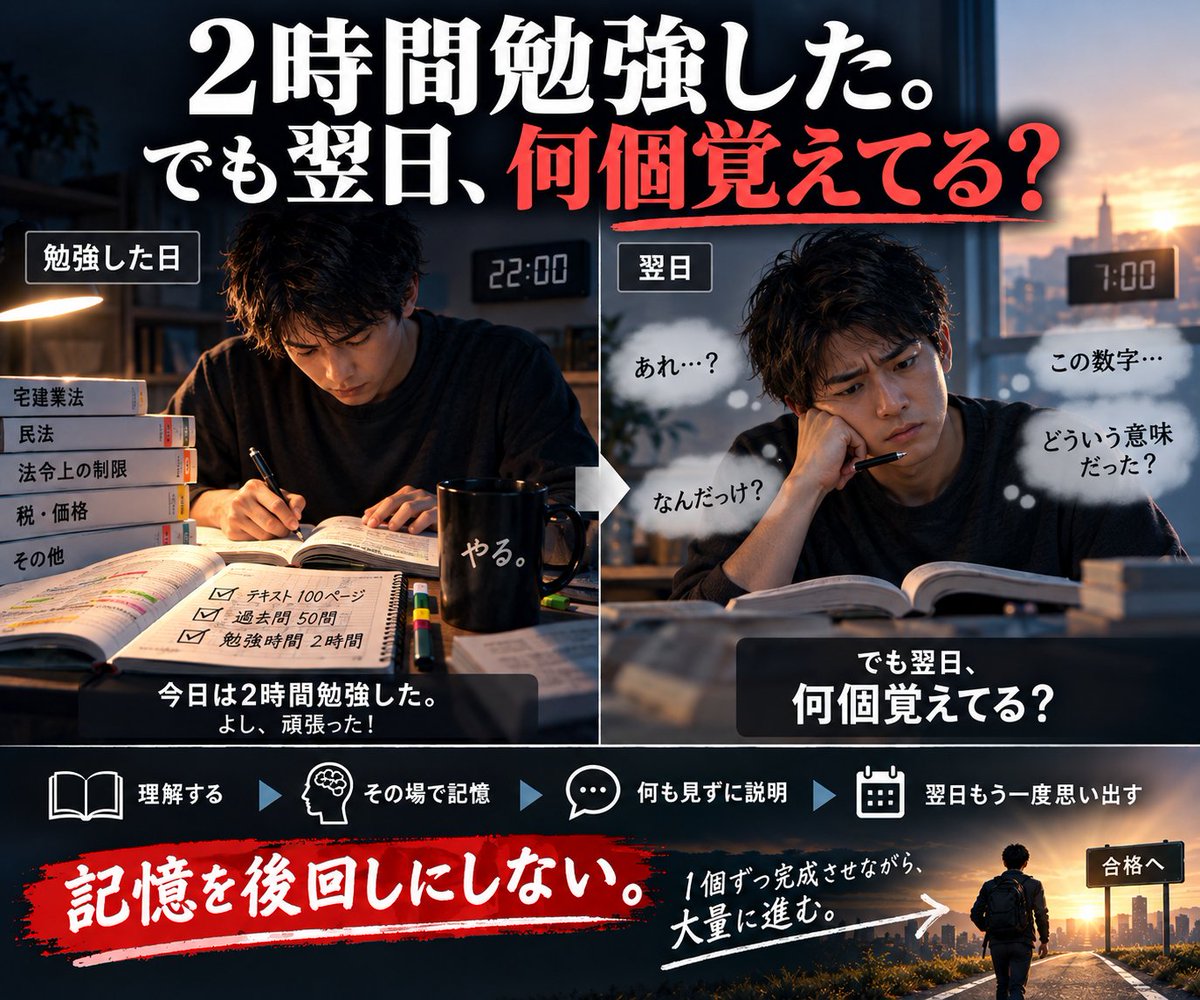 shuzou643's tweet photo. 2時間勉強した・・・
でも翌日、何個覚えてる？
テキストを100ページ読んでも、
説明できなければ曖昧なまま。

理解する
↓
その場で記憶
↓
何も見ずに説明
↓
翌日もう一度思い出す
記憶を後回しにしない。

1個ずつ完成させながら、
大量に進む。 https://t.co/jll6Atj9D1