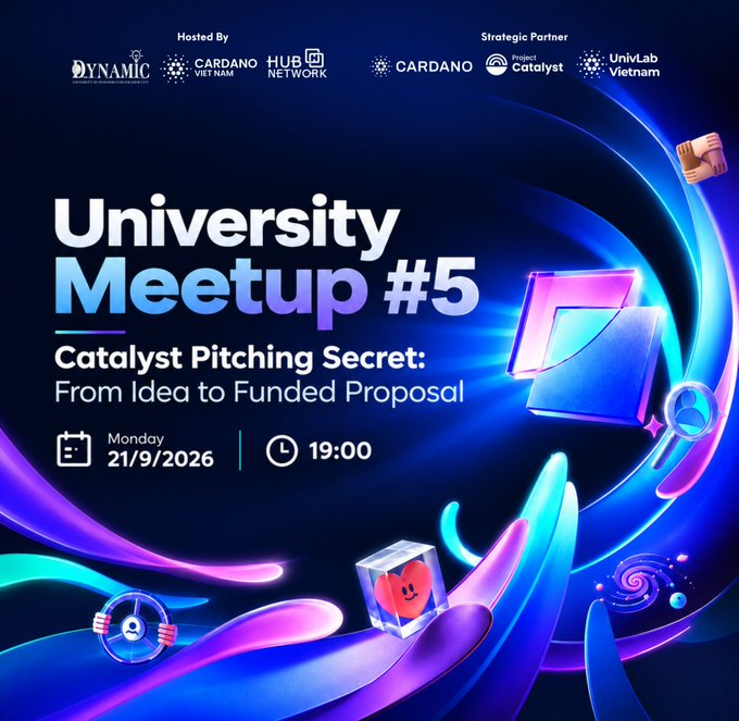 VietnamCardano's tweet photo. Cardano University Meetup #5
🎓 Training #5 | Catalyst Pitching Secret: From Idea to Funded Proposal

A great idea is only the beginning. How do you turn it into a story — and a proposal — that people are willing to support?

Join us at Big Idea – Dynamic UEH for a practical training session exploring pitching from two perspectives:

🚀 Startup Founder: How to communicate your problem, solution, market opportunity & vision
💡 Project Catalyst: What makes a proposal clear, impactful & compelling to the Cardano community
🎯 Turning an early-stage idea into a structured funding proposal

🎤 Speakers:
• Haris Nguyen @HarisNguye80637  – Product Owner, YeaH1 Group
• Sang Nguyen @IlumNguyen – Co-founder, Viet Cardano Community

📅 Sep 21 | 7:00–8:45 PM
📍 University of Economics HCMC – Campus B
https://t.co/FaMqgjmmtu
From Idea → Pitch → Proposal → Funding. 💙

CC: @Cardano @Cardano_CF @Catalyst_onX
@IOGroupNews @c3eth @mietran0407
@Hahero7 @VnmeseMarkbui @IlumNguyen
@HarisNguye80637 @HUBNetworkVN
@AsiaAfrica_AACC @AsiaCnft 

#Cardano #ProjectCatalyst #Startup #Pitching #UEH #Vietnam