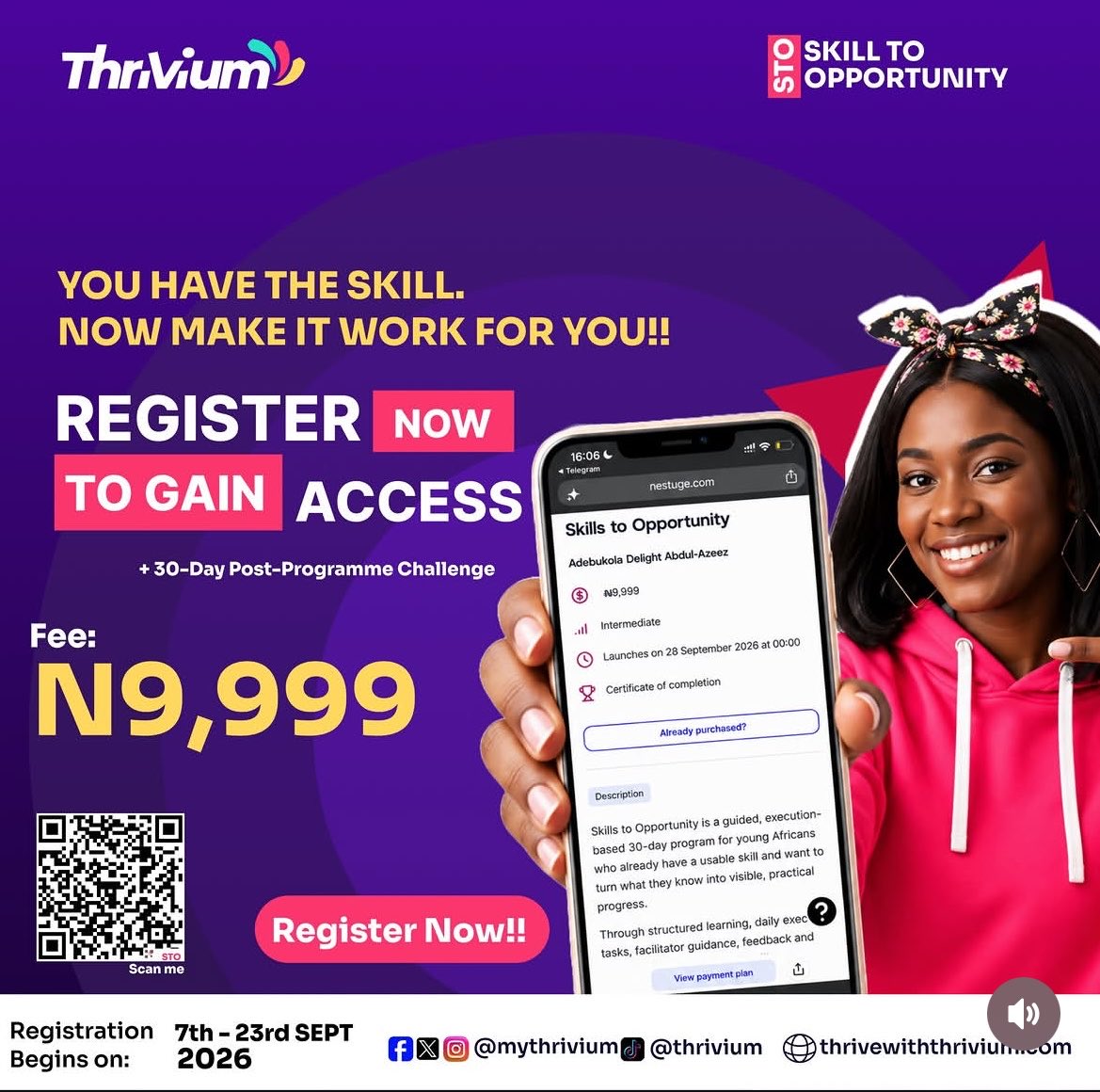 MyThrivium's tweet photo. Know someone who has a skill but needs help finding opportunities? Send them this.
Thrivium's STO programme helps participants clarify their offer
Fee: N9,999
Registration closes September 23.
Classes start September 28.
Click the link in the bio to register https://t.co/9KeFAT0pE8