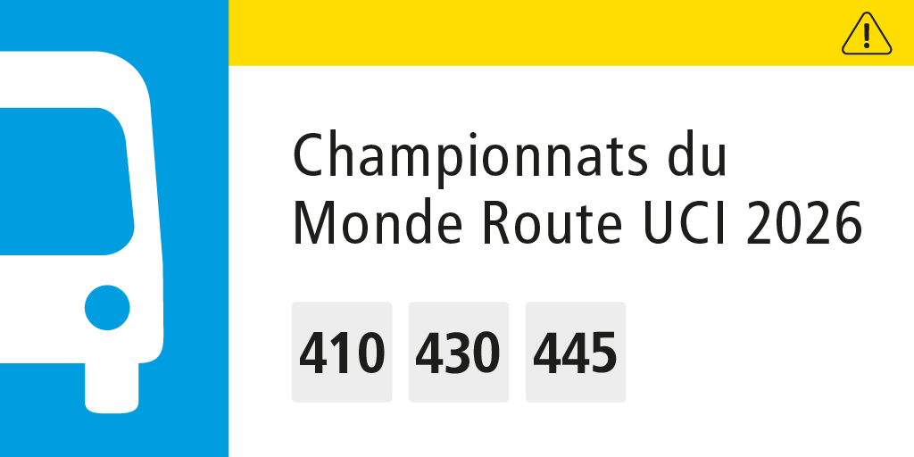 stm_Bus's tweet photo. [État du service] ⚠️🚌 Championnats du Monde Route UCI 2026

📅 21 et 22 septembre
🕔 5h30 à 18h30
⚠️ Terminus temporaire au métro de la @stm_Verte pour les lignes suivantes :
🚌 410 et 430 à 🟢Honoré-Beaugrand
🚌 445 à 🟢Papineau

Info ➡️ https://t.co/yIY3UbNSpK https://t.co/0CaahZ4ihh