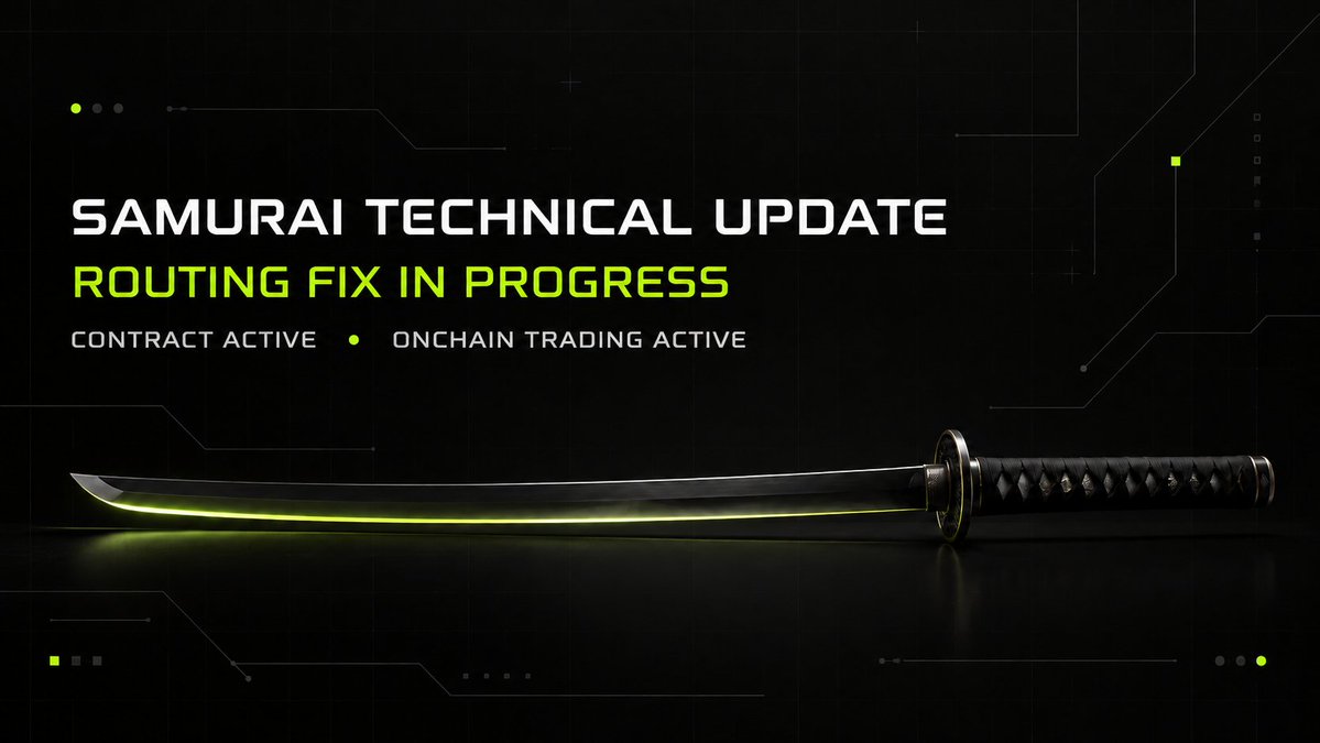 Samurai_Forge's tweet photo. $SAMURAI Routing Upgrade

We are upgrading @Samurai_Forge's  trading route to improve price tracking, liquidity visibility, and the overall trading experience across supported platforms.

The contract remains active, and transactions continue onchain while the upgrade is being completed.

No action is required from holders.

More updates soon.