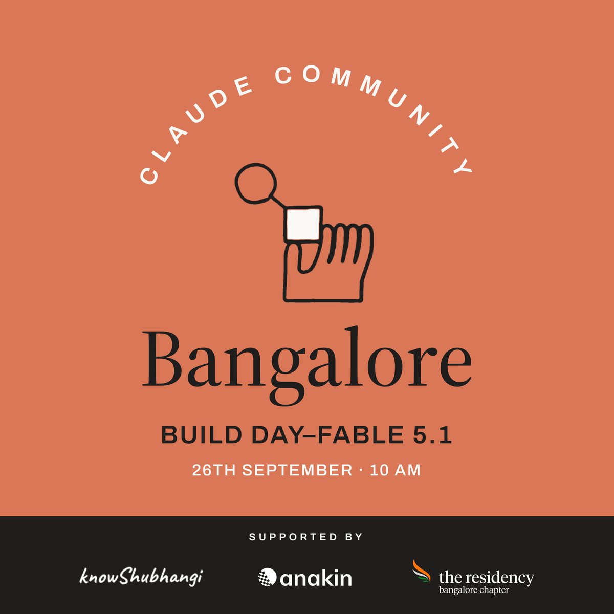 residencyBLR's tweet photo. you thought it was just Bhopal ???

@claudeai Fable Build Day is coming to Bengaluru on 26th Sept! 

Come see what’s new with Claude Fable and spend the day building something of your own.  

🚀Best part: Everyone gets Fable 5 credits!!

Supported by
@knowShubhangi @residencyBLR @anakinHQ