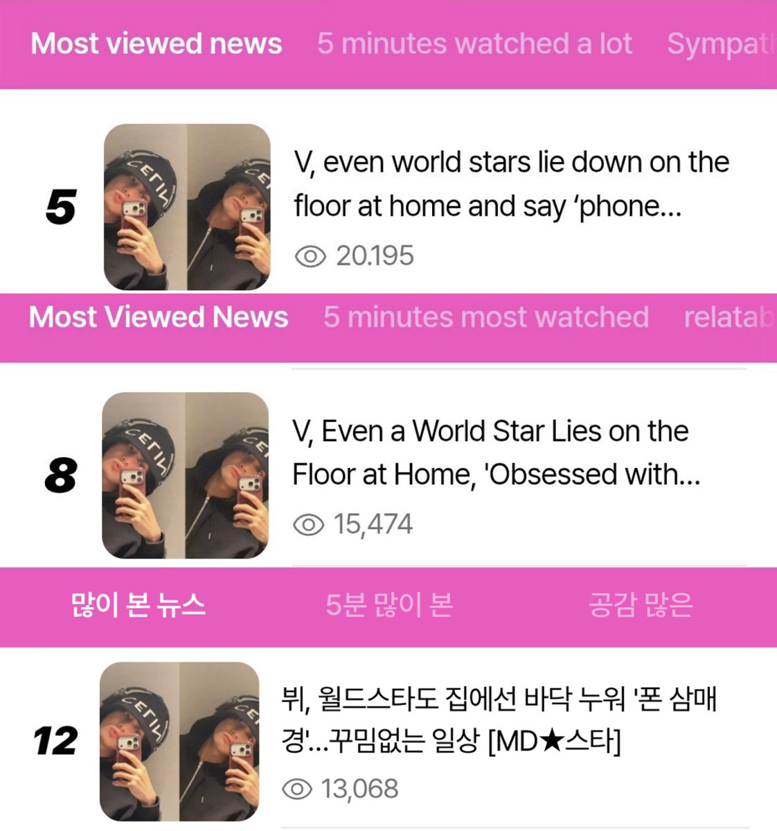 taeguide's tweet photo. [INFO] Taehyung’s recent IG update trended on Naver’s most viewed section at #5 https://t.co/lao9ZjCzN1