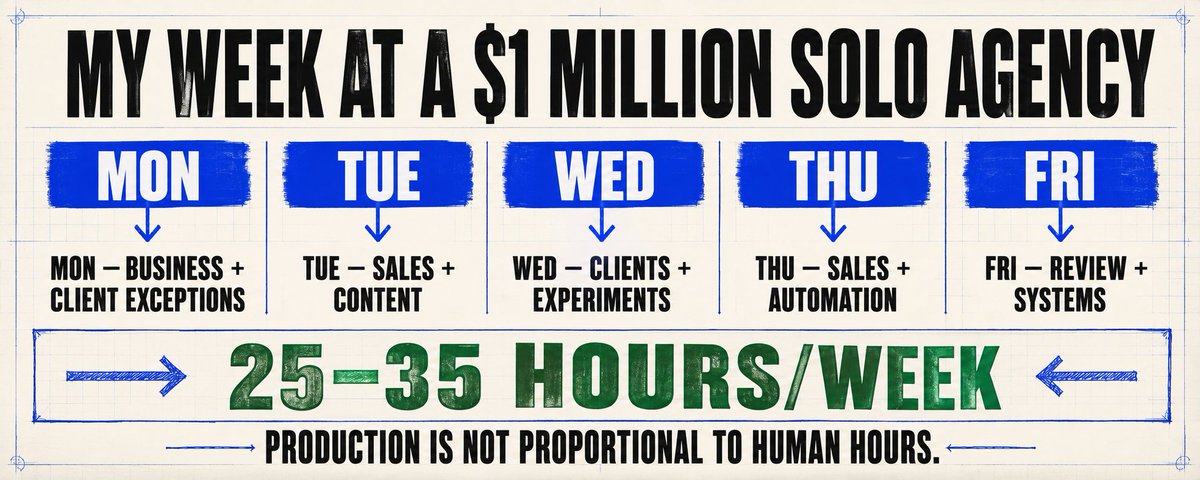 adebit83's tweet photo. a $1 million solo agency should not give the founder a $1 million job.

my week would look roughly like this:

monday: business review, client exceptions, strategy.

tuesday: sales calls, content.

wednesday: client conversations, major experiments.

thursday: sales, improving automation.

friday: business review, workflow qa, strategic projects.

roughly 25 to 35 hours a week depending on sales volume and client issues.

not because the company runs magically.

because production is no longer proportional to human hours.

i still handle sales, kickoff, strategy, unhappy clients, creative positioning, and consequential decisions.

the human does not disappear.

the human moves to the work where being human is valuable.