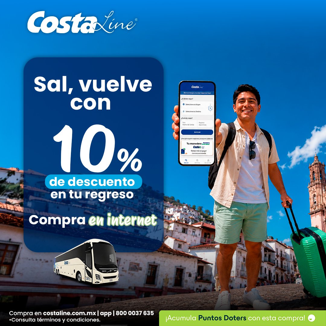 CostaLine_AERS's tweet photo. Viajar para vivir nuevas aventuras tiene recompensa. 💙 Compra tus boletos por internet y disfruta 10% de descuento en el regreso.

¡Nos vemos a bordo! 🚌

#CostaLine https://t.co/KUYauTZ5ZB