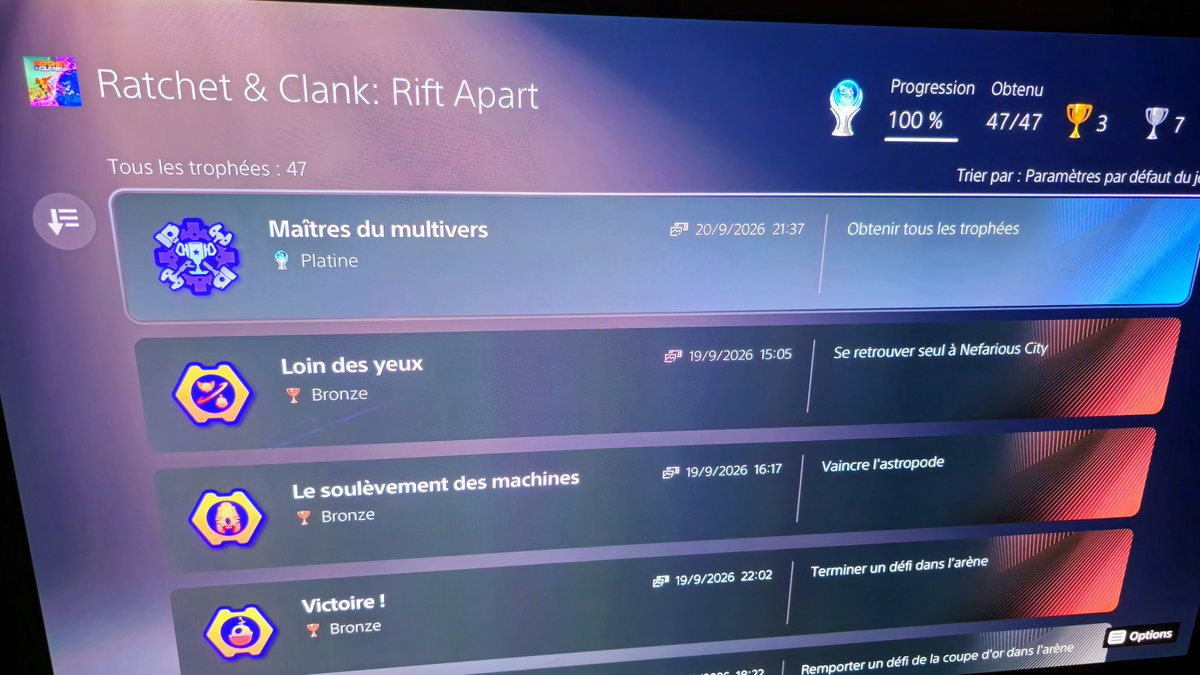 InsomniaGamesX's tweet photo. Platine N° 67 décroché ✅ Ratchet &amp; Clank : Rift Apart 🏆

Visuellement bluffant, arsenal jouissif, rythme parfait, et Rivet qui vole presque la vedette. 

Quel jeu je platine ensuite ? 👇
Lies of P 
#PlayStation #InsomniacGames https://t.co/mBmOQaBOF2