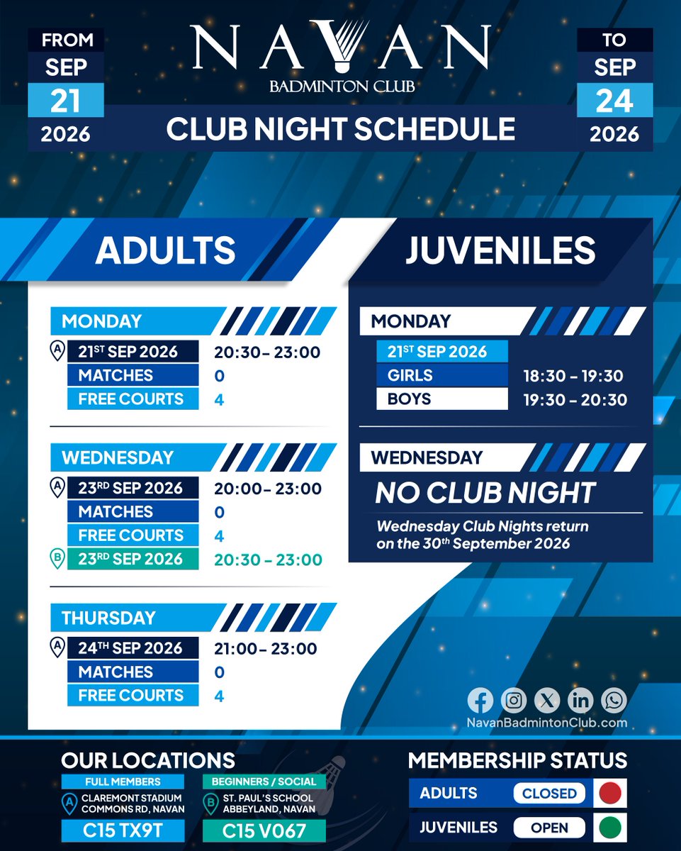 NavanBC's tweet photo. All courts are free this week at @ClaremontNavan!
Mon 21st 8:30pm - Wed 23rd 8pm - Thu 24th 9pm

JUVENILES: Mon 21st. Girls 6:30pm, Boys 7:30pm.

NEW! Beginners/Social Night: Wed 23rd, 8:30pm, @stpaulsnavan (C15 V067). Separate from Adult Night.

#Navan #Badminton #Meath #Ireland https://t.co/vas9XiIO07