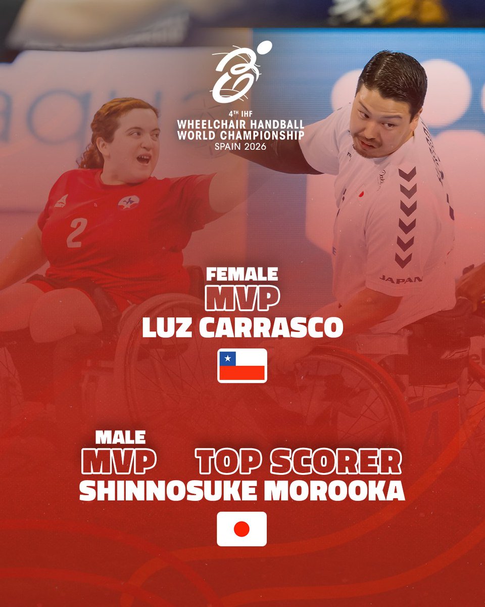 ihfhandball's tweet photo. Luz Carrasco 🇨🇱 and Shinnosuke Morooka 🇯🇵 get the individual awards at the 4th IHF Wheelchair Handball World Championship ⭐

#wheelchairhandball #Spain2026 https://t.co/E3l8VFbdWP