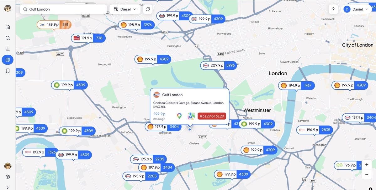 FuelFalcon_io's tweet photo. Price alert @8:40pm, Diesel, England

Most expensive - Chelsea Cloisters Garage, Sloane Avenue, London - 299.9p/L
Cheapest - Rix in Goole - 157.9p/L https://t.co/w1Q1d1yikv