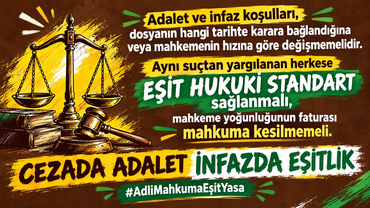 serhatkoro65117's tweet photo. @ahmetyalap Aynı fiil ama mahkeme yükü yüzünden iki farklı kader... Yargısal süreçlerin yavaş işlemesi adli mahkumlara mağduriyet olarak yansıtılamaz. Hukuk devleti, aynı konumdaki herkese eşit muamele yapılmasını emreder.
CEZADA ADALET İNFAZDA EŞİTLİK
#AdliMahkumaEşitYasa https://t.co/ZoRco0DaFf
