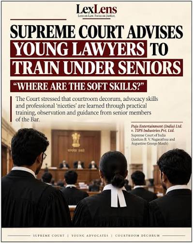 shoebhakim's tweet photo. “Unless you train with a senior, you will not know the real skills of advocacy.”  Justice Nagarathna is right. But training under a senior today often means exploitation, unpaid or underpaid work, and crumbling courts — not mentorship.

That’s why young lawyers avoid seniors and leave litigation. Law needs an MBBS-style model: mandatory paid post-degree training, structured court rotation, statutory stipend, and a clear career path.

Read: https://t.co/1VkYHv2GzA

#advshoebhakim #LegalReform #JuniorLawyers #JusticeBVNagarathna #SupremeCourt #MBBSModel #LegalEducation