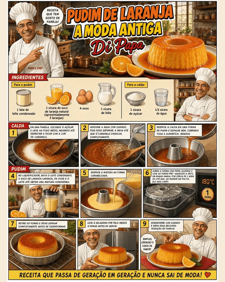 PapasChefBR's tweet photo. 🍊🍮 Pudim de laranja à moda antiga: o pudim da vó com suco de laranja natural, assado em banho-maria até ficar sedoso, com caramelo dourado escorrendo.

📍 Receita completa no Instagram @papas_chef
#pudimdelaranja #pudim #laranja #papaschef https://t.co/V7SVp4XdoW
