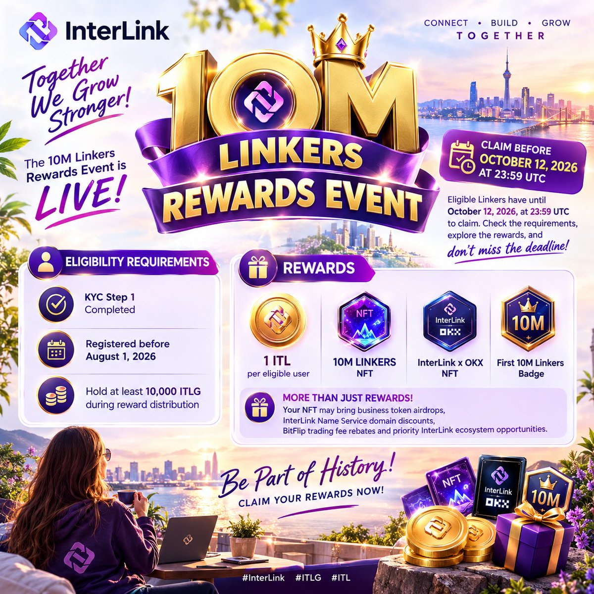 Nazancem34's tweet photo. ⏰ The 10M Linkers Rewards Event is LIVE! Eligible Linkers have until October 12, 2026, at 23:59 UTC to claim. Check the requirements, explore the rewards, and don’t miss the deadline!
#InterLink #ITLG #ITL 
@kv_interlink @reina_itl https://t.co/X04e7HOKCV