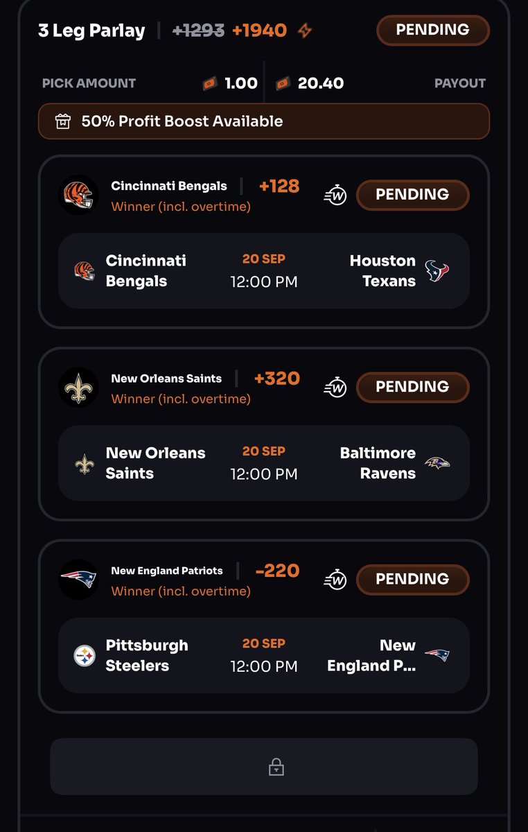 NewestBettor's tweet photo. 1$ to 1000$ challenge starting off good😂 after 3 consecutive fails to even start #NFL #saints #patriots #bengals https://t.co/h0jsLsiCfU