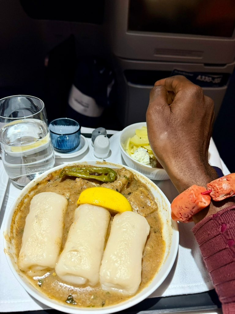renoomokri's tweet photo. Earlier this month, while flying on a route not yet covered by any Nigerian airline, I gave feedback to Lufthansa German Airlines, the carrier that flew me, to consider serving Nigerian food on its Nigerian routes. And within weeks, Lufthansa is now serving Akpu Fufu (made from fermented cassava) with Oha Soup for the first time. This is commendable! 

Taking feedback and acting on it promptly reflects the German efficiency our world has come to know and admire. 

The best way for you, as a Nigerian citizen, to rebrand Nigeria positively is by never being ashamed of promoting your culture and asserting it wherever you find yourself, whether through your name, accent, sartorial tastes or gastronomy. 

It doesn't have to be from your ethnicity. As long as it is authentically Nigerian, please do your best to represent and project our culture positively to the world. 

Thank you, @Lufthansa!