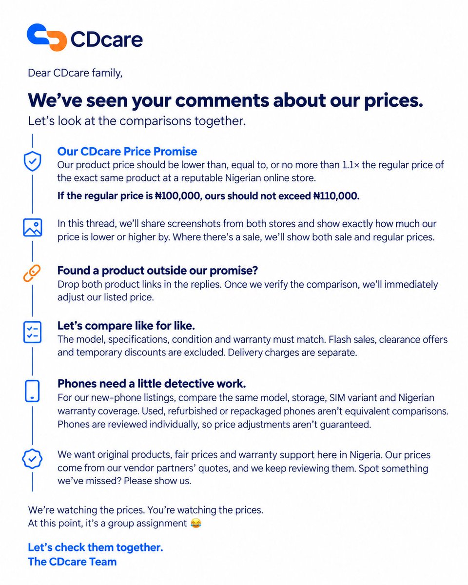 CDcareNG's tweet photo. We’ve seen your comments about CDcare prices. Let’s compare together.

Here’s our Price Promise, with screenshots and comparisons in this thread.

Found a price we should review? Drop the CDcare link and the other store’s link below. 💙