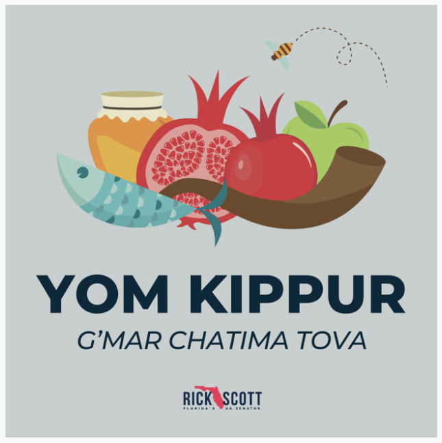 SenRickScott's tweet photo. Anne and I wish the Jewish community in Florida, and around the country, an easy and meaningful fast this Yom Kippur.

May this time of reflection bring peace and renewal for a new year. G’mar Chatima Tova! https://t.co/J8AACR2BfB