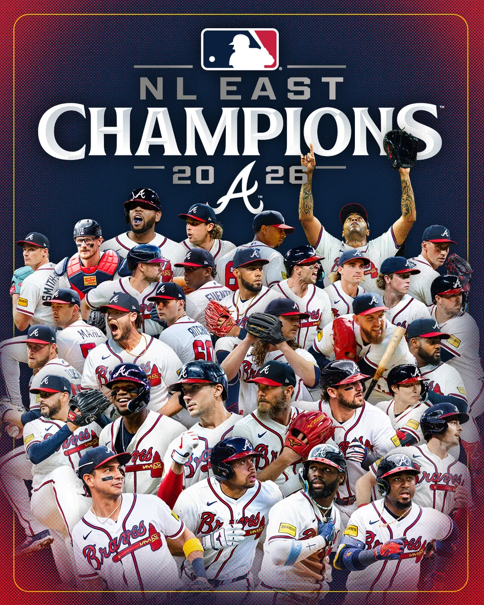 A collage of players from the 2026 Atlanta Braves with "2026 NL East Champions" 