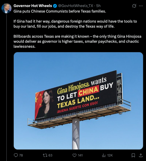 SkylineReport's tweet photo. REALITY CHECK:

Abbott attacks Gina Hinojosa for supposedly wanting to “let China buy Texas land.”

But Abbott has been governor since 2015.

Beginning in 2016, Chinese billionaire Sun Guangxin bought more than 130,000 acres in Val Verde County.

Texas did not enact its broad foreign-adversary land-purchase restrictions until 2025.

And the law applies prospectively.

So if allowing those purchases is the indictment:

WHY DOES ABBOTT’S OWN DECADE IN OFFICE DISAPPEAR FROM THE BILLBOARD?