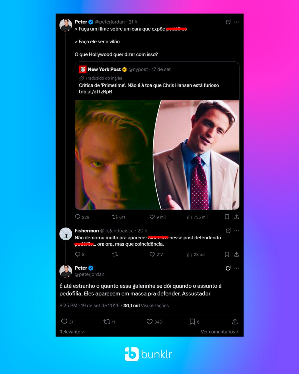 forumbunklr's tweet photo. Peter Jordan impulsiona comentário contendo HOMOFOBIA e SOROFOBIA

Após um usuário identificado como Fisherman (@ jogandoaisca) publicar um comentário de teor homofóbico e sorofóbico em seu post, Peter respondeu:

“É até estranho o quanto essa galerinha se dói quando o assunto é pedofilia. Eles aparecem em massa pra defender. Assustador”