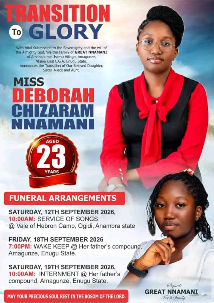 ThePeopleHeart's tweet photo. At just 23, she had already touched countless lives through her ministry, writings, teaching, and social media. Her influence reached far beyond her immediate environment, touching lives both online and offline and across different spheres.

Her sudden departure, just some weeks after returning from NYSC, is a painful reminder that life is fragile and unpredictable.

But her story also reminds us that impact is not measured by how long we live, but by how many lives we touch while we are here. At 23, she had already made remarkable contributions and touched lives in different places.

May the soul of Deborah Chizaram Nnamani and the souls of all the faithfuls departed, through the mercy of God, rest in peace, AMEN!
 🕊️