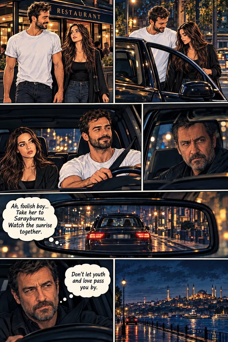 NijaMoro's tweet photo. A comic of one of the #AlZey moments from the novel. Nevzat observing the lovebirds &amp; noticing their behavior around each other when the 3 were together at a restaurant and after the two of them left together🥰🫠❤️‍🔥

#NejatIsler #SimayBarlas #YiğitKoçak #istanbulhatırası #Netflix https://t.co/bBBscTknJv