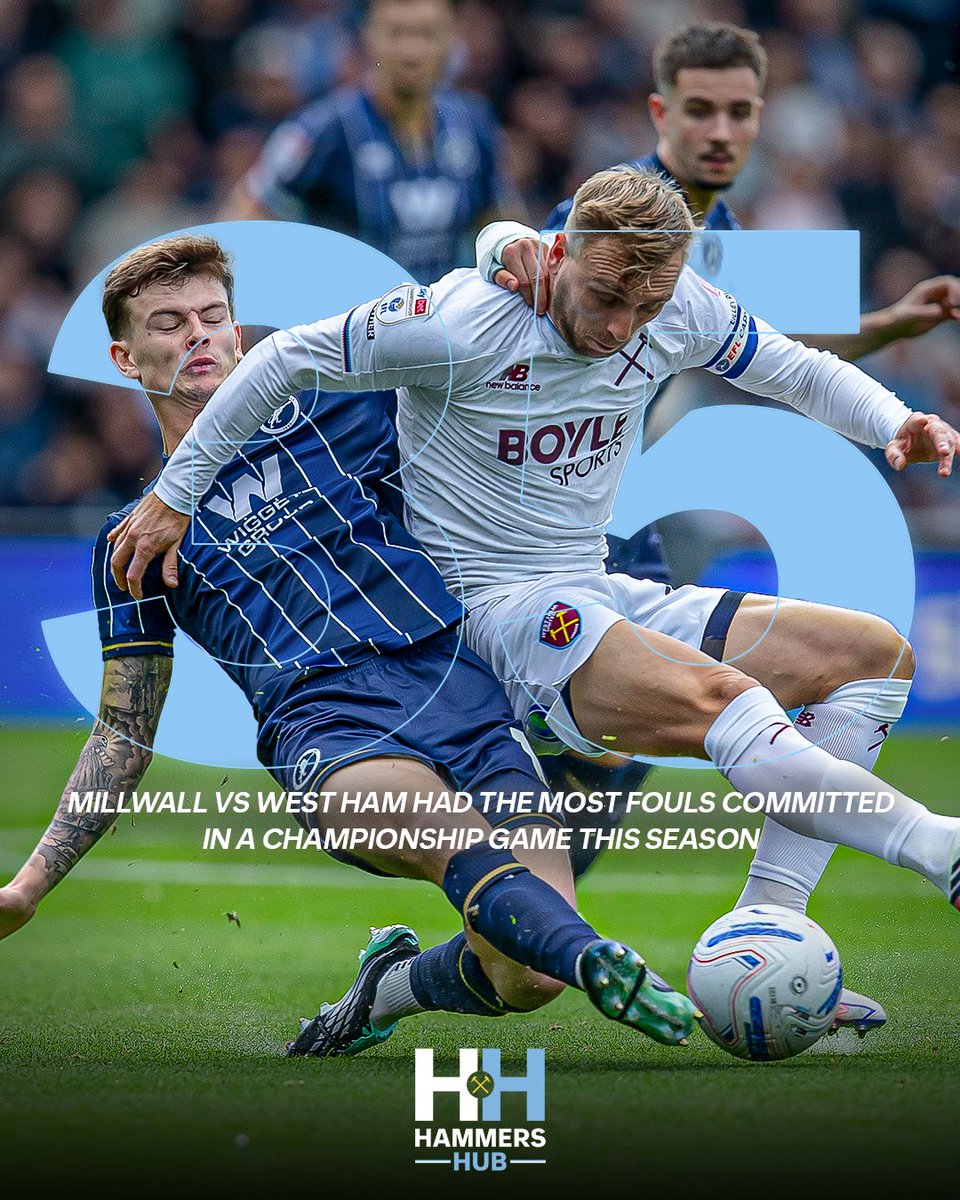 HammersHubWHUFC's tweet photo. Millwall vs West Ham produced more fouls than ANY other Championship game this season. 😤⚒️

A huge 35 fouls were committed in the 100th Dockers Derby, with West Ham edging that particular battle with 18 to Millwall’s 17.

The Dockers Derby lived up to its reputation. 🔥 https://t.co/GHhpESOrxg