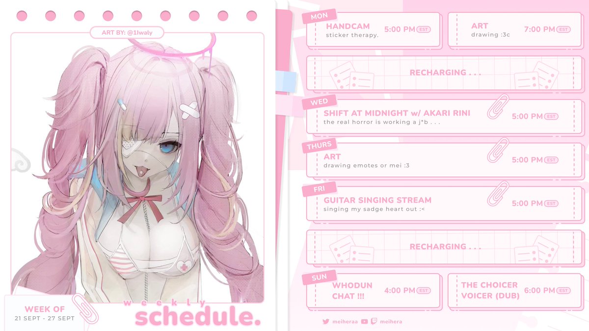 meiheraa's tweet photo. 🩹 next week's stream schedule 🩹

exciited for this week !! hopefully i can feel a bit better, i've been crying everyday lately again 3: https://t.co/mt06W7AUx6