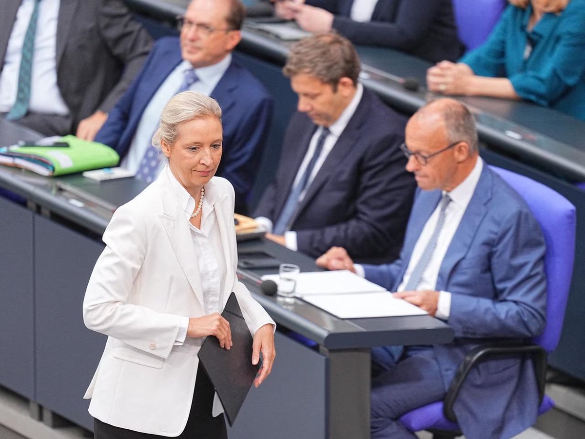 MarioNawfal's tweet photo. 🚨🇩🇪 WOW! The AfD just CRUSHED Merz’s party in another German state!

With most districts counted in Mecklenburg-Western Pomerania, the conservative party is leading with 39%.

The SPD trails at 35%, while Chancellor Merz’s CDU has collapsed to just 4.8% (!!), potentially failing to even enter the state parliament.

This follows the AfD’s near-majority result in Saxony-Anhalt 2 weeks ago... 

Merz’s authority is in FREE FALL, and the party that was once Germany’s most dominant postwar force is now fighting just to survive in the east.

AfD is becoming the bigger fish... 🐟🦈

Source: Electomanía / Writer: Samuel
