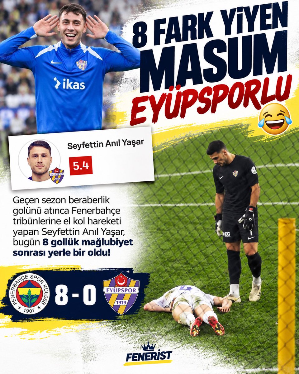 Feneristcom's tweet photo. 8 FARK YİYEN MASUM EYÜPSPORLU 🤣

Geçen sezon beraberlik golünü atınca Fenerbahçe tribünlerine el kol hareketi yapan Seyfettin Anıl Yaşar, bugün 8 gollük mağlubiyet sonrası yerle bir oldu! https://t.co/woxtk47oob