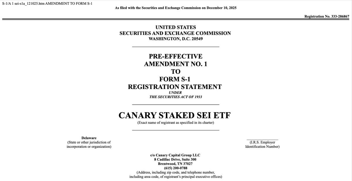 SeiNetwork's tweet photo. Canary Capital has filed Amendment No. 2 to its S-1 for a Staked SEI ETF.

The ETF will hold spot SEI. The new amendment substantially revises the staking mechanics, estimating ~90% staked, custodied solely in @BitGo. https://t.co/bv8smJWyJS