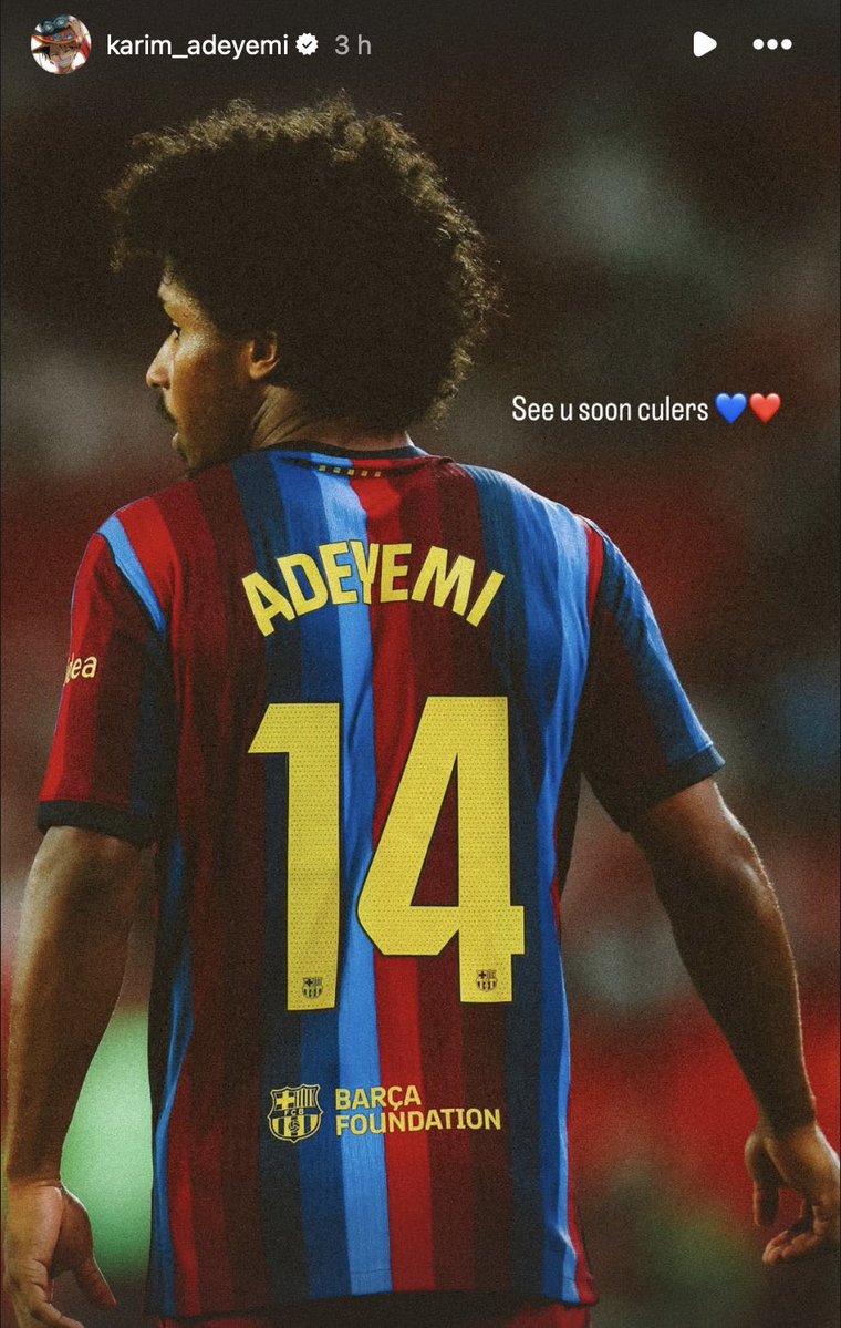 MesBlaugrana's tweet photo. 📲 Karim Adeyemi via Instagram :

« À très bientôt, Culers 💙❤️ »

Il s’est pas trompé dans les emojis cette fois-ci 😭❤️ https://t.co/urnO5c6aDW