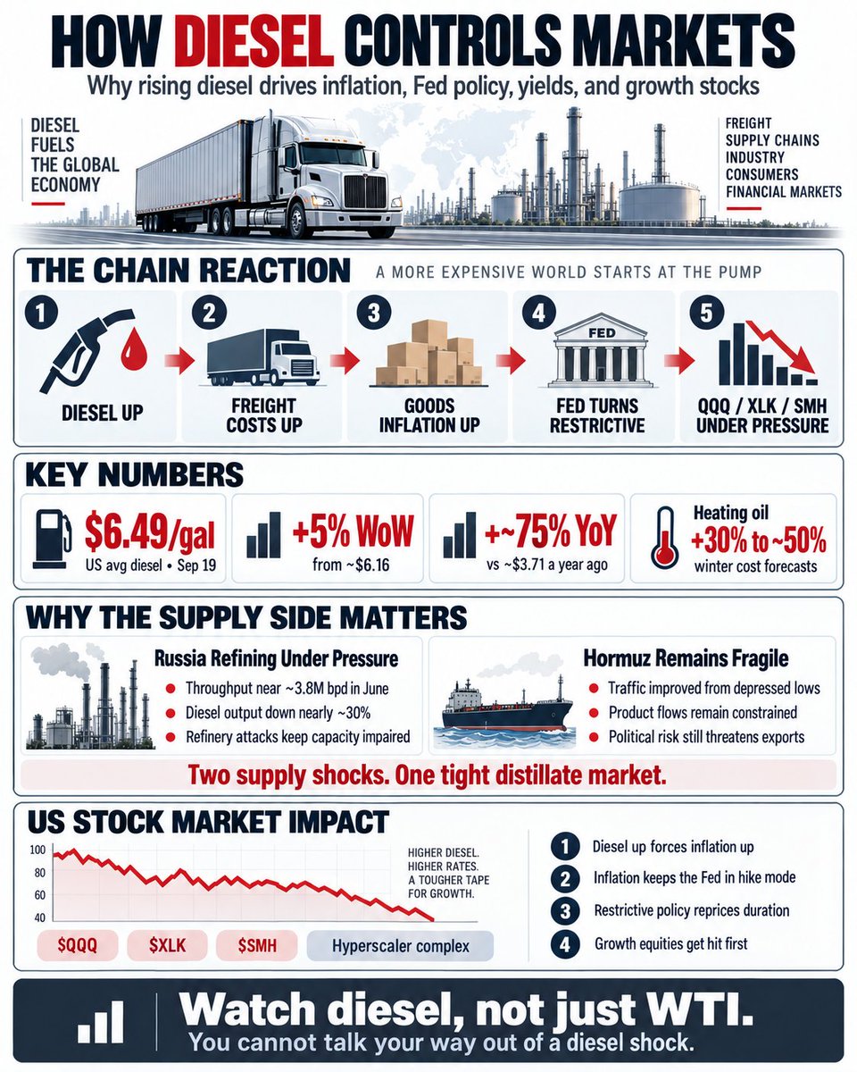 ProfitsTaken's tweet photo. ALERT: Rising diesel is a nuke-level threat to equity values. Not crude. Diesel.

The 411: Higher diesel forces inflation up. The Feds just showed us they'll hike into a supply shock (wrong as that may be). Once they shift from "removing accommodation" to "restrictive," $QQQ, $XLK, $SMH and the hyperscalers get hit hard. And no, it won't take years. It happens quickly.

Why diesel, not crude

Crude is the input. Diesel is the product that moves almost everything. Trucks haul roughly 65% of US freight by weight, and fuel runs 30–40% of a carrier's operating cost. That passes through fast. Fuel surcharges first, then farms, builders, retailers and manufacturers eat it. Heating oil tracks diesel, and Northeast winter heating forecasts are already up 30% to as much as ~50%.

The number: US average diesel hit a record ~$6.49/gal on Sep 19 (AAA). Up ~5% in one week and nearly 75% above a year ago (~$3.71). Gasoline went up, but diesel went up more because the stress is in distillates and inventories are weak.

Why it isn't easing

Russia: 22 of 34 refineries attacked in 2026 (Oxford), covering ~4.75M bpd of capacity. IEA had June throughput ~30% below a year earlier, with diesel output down about the same. Mid-September, 3 of Russia's 6 largest diesel plants were halted or cut hard. Yaroslavl went down Sep 17. Moscow's refinery got hit again Sep 20, about 16 miles from the Kremlin.

Hormuz: Iran says the Strait stays closed until its conditions are met. Crossings rose ~53% last week to 118, but that's a bounce off a depressed base, not a breakthrough. Product flows are the diesel channel, and that channel has been broken since March. Positive vibes posting from officials hasn't changed that. Otherwise it would have worked already.

Bessent can't fix this one either. No Treasury program replaces a barrel that never became diesel because the refinery got blown up.

What the Feds do with it

Hiking into a supply shock is awful policy. They can't create supply. They can only crush demand. But what matters is what they'll do, not what they should do. They just hiked against a supply shock with a 12-0 vote, even though Powell condemned exactly that previously. If diesel gets worse, they hike more.

Diesel controls freight. Freight controls goods prices. Sticky services inflation follows the goods. That's the flow order.

September's hike was "removing accommodation" per Chair Warsh. Markets can still bid up growth under that. "Restrictive" is different. That's where duration and multiples reprice, same as 2022. I called that downturn in early January 2022, well before the first hike, and posted it on X. Markets priced it ahead of the Fed then. They will again.

How to use this for trading and investing

Watch diesel, not just WTI. The AAA national average and weekly distillate inventories are the tells.

Watch the 10Y and 30Y. Bonds price inflation risk before equities admit it.

Watch the Fed's language. "Removing accommodation" turning into "restrictive" is the trigger, and it gets priced before it's official.

Know your exposure. Long-duration growth takes it first: $QQQ, $XLK, $SMH, hyperscalers. Not because earnings drop overnight. Because discount rates rise and risk appetite dries up fast.

Inventories and SPR-style buffers buy time short term. But if diesel stays elevated while Hormuz stays politicized and Russian capacity stays impaired, the inflation arithmetic does not clear.

Clock is ticking. There needs to be a break soon.

See thread for how I play it in more detail.