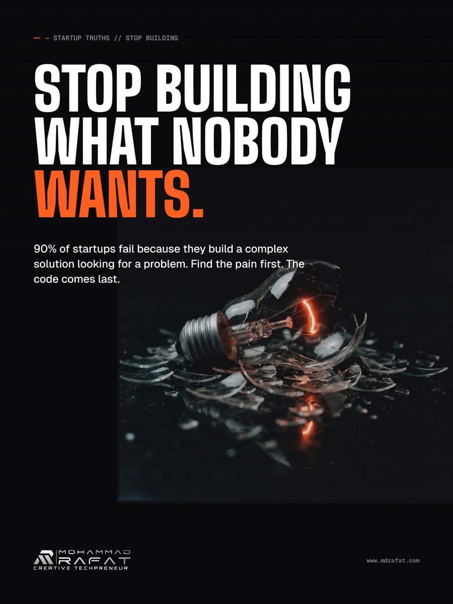 mdrafat007's tweet photo. 90% of startups fail because they build a complex solution looking for a problem. 
Find the pain first. The code comes last.
#Startup #SaaS #Founder #ProductDesign #AIUX #AI https://t.co/orvyzQk05q