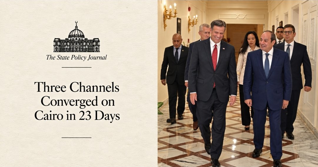 TheStatePolicy's tweet photo. Aug. 28: FinCEN targeted Banque Misr UAE over alleged Iranian illicit-finance risks, while explicitly excluding Banque Misr’s Egypt operations.

Sept. 15: Mohammed bin Salman arrived in Cairo for talks linking Gaza, Sudan, Gulf security and maritime routes.

Sept. 20: CIA Director John Ratcliffe met Abdel Fattah el-Sisi, with the Egyptian readout again tying Iran, Gaza, Sudan, Somalia and maritime security to ongoing intelligence cooperation.

There’s no public evidence these episodes were coordinated; but they reveal something else.

Cairo is encountering the same regional crisis through three different institutional channels: finance, Arab security coordination, and intelligence.

Different instruments, different institutions, one strategic environment.

The important question isn't whether these moves were secretly synchronized; it's whether they're beginning to converge on the same decision center.

Coordination, convergence, or simply institutional simultaneity?