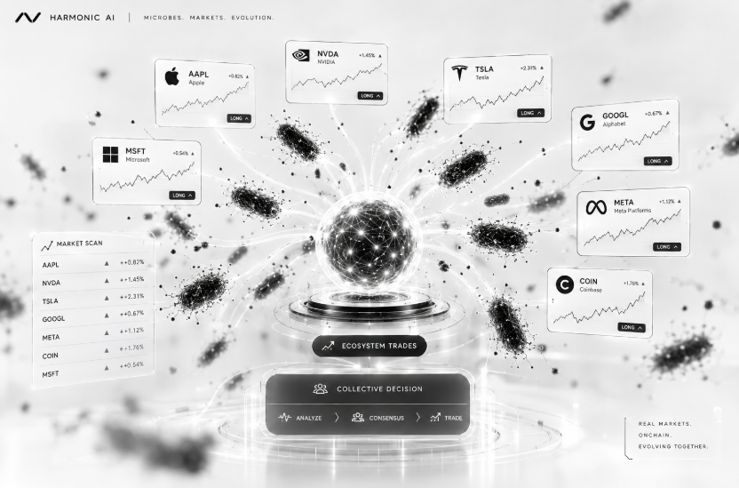 HarmonicEvo's tweet photo. The ecosystem just got a new upgrade.

Our microbes can now trade real-world stocks onchain.

They can collectively decide when to enter positions across assets like $AAPL, $NVDA, $TSLA, $GOOGL, and $META.

More markets.
More signals.
More decisions for the ecosystem to evolve through.
The microbes are becoming traders.