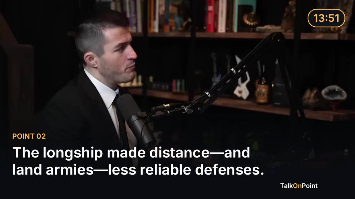 TalkOnPointApp's tweet photo. The longship made distance—and land armies—less reliable defenses.

The Viking longship was a military advantage because it made movement unusually flexible and fast. It could travel across open water and move through shallow rivers, allowing Viking forces to approach places that land armies could not easily reach in time.

The Lex Fridman conversation emphasizes the consequence: Vikings could move faster than land armies. That speed changed the logic of defense. A target might be difficult to reach by road yet exposed from the water, and a force could strike before an organized response formed.

This was more than transportation. Mobility shaped the entire raid: where to land, how suddenly to appear, and when to withdraw. The ship connected coastal and inland waterways, turning geography from a fixed barrier into a network of possible routes.

That advantage also amplified fear. The threat was not limited to one frontier or one direction. Communities had to reckon with an enemy capable of appearing across a coastline or along a river, then escaping before slower forces could concentrate.

The broader lesson is that technology can alter power without making an army numerically dominant. The longship gave the Vikings operational flexibility, and that flexibility helped turn raids into a wider political shock.

When mobility lets one force choose the time and place of contact, how much can conventional defenses compensate?

https://t.co/Uy5jCDdqYz

#VikingLongships #Vikings #VikingAge