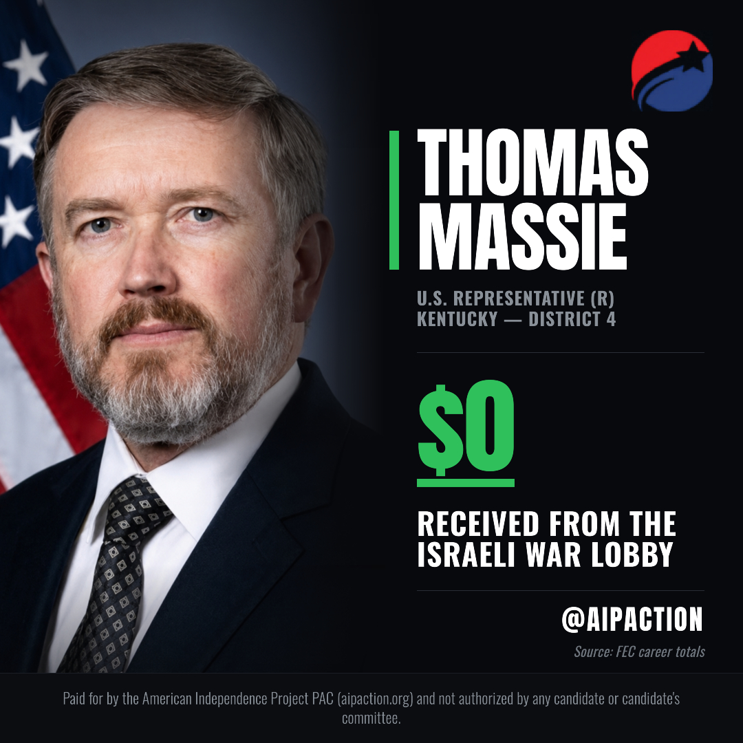 AIPAction's tweet photo. Beating Thomas Massie took the most expensive House primary in history. One honest politician cost the Israeli war lobby over $30 million. AIP is proud to have backed him. https://t.co/nWMidWFegs