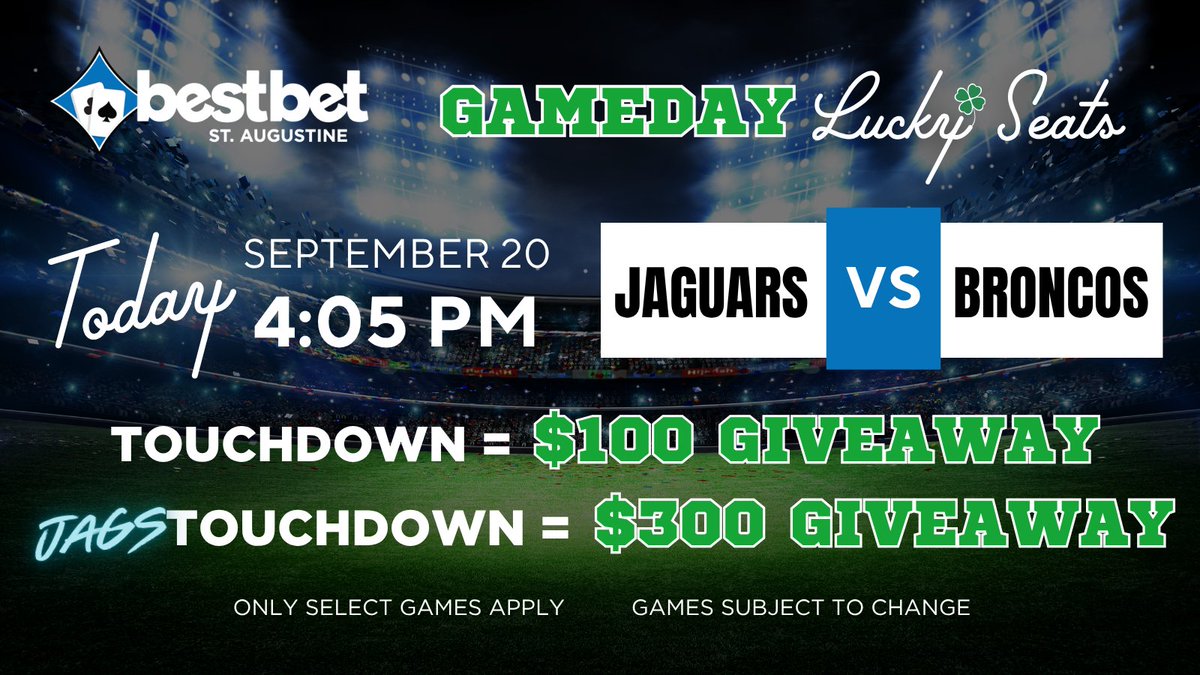 bestbet_jax's tweet photo. Game Day Lucky Seats are BACK at bestbet St. Augustine! 🏈🔥 Touchdowns during select games means you could WIN CASH! 

TODAY 📢 Jaguars VS Broncos
Every Browns Touchdown = $100 Giveaway
🐆 Every Jaguars Touchdown = $300 Giveaway

Must be active on a table to be eligible to win! https://t.co/YJ9yqs7Oi9