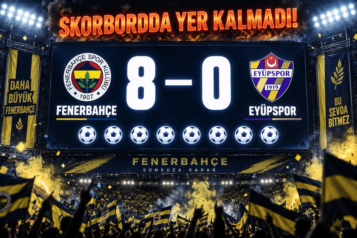 macinsifresi58's tweet photo. Skorbordda yer kalmadı, maçı durdurun!

Fenerbahçe 8-0 Eyüpspor ⚽️⚽️⚽️⚽️⚽️⚽️⚽️⚽️ #FBvEYP #Skor #Acımayın #Ofsayt #Fenerbahçem #Nene #Ederson https://t.co/mtjocx6JLL