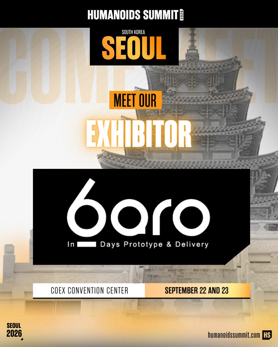 HumanoidsSummit's tweet photo. We’re excited to welcome BARO Studio to Humanoid Summit Seoul.

BARO Studio turns humanoid concepts into reality—taking ideas from precision prototypes to reliable low-volume production.

#HumanoidSummit #SeoulTech #Robotics #PhysicalAI https://t.co/xwT68AVKNz
