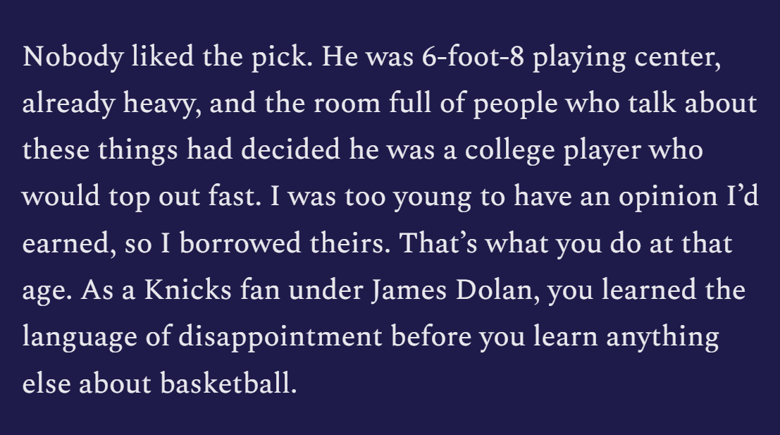 Substack's tweet photo. “It was the first draft I watched all the way through, the first time I understood that a team I loved could reach into a room full of teenagers and pick one, and that the pick would then belong to us. Sweetney belonged to us.”

Knicks writer and lifelong fan Lee Escobedo reflects on Mike Sweetney, the 2003 lottery pick so many wrote off as a bust, and revises his verdict