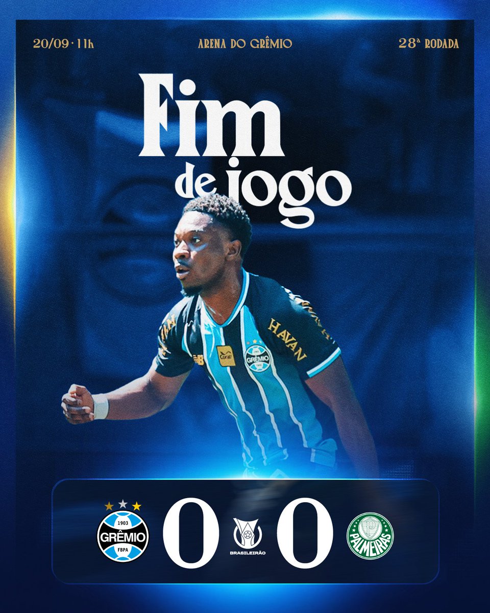 Gremio's tweet photo. Fim de jogo: #Grêmio 0x0 Palmeiras 
Tudo igual na 28ª rodada do #Brasileirão2026, contra o Palmeiras. Voltamos a campo no dia 7 de outubro, após a Data FIFA, para o duelo diante do Remo, fora de casa.
#GRExPAL https://t.co/jOAiwaAp7O