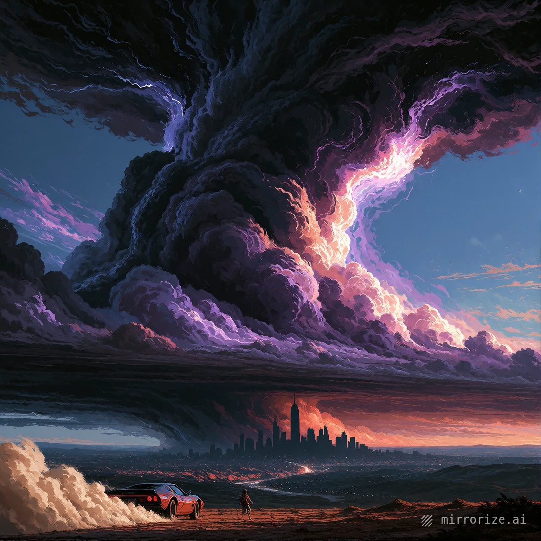 mirrorizeai's tweet photo. Prompt share: 

dark fantasy illustration, masterful painterly digital art with visible textured brushwork, surreal, dramatic volumetric lighting and deep shadows with glowing highlights, rich atmospheric mood, epic cinematic composition and intricate detail, a dark, stormy landscape. The foreground consists of a flat, reddish-brown terrain and a care resembling 1970s design racing with speed towards the city on the horizon leaving dust cloud behind it . The midground shows a black silhouette of a city skyline, with several tall, rectangular buildings. A thick, dark purple and black cloud formation dominates the upper part of the image, with swirling, turbulent patterns that suggest an intense storm. The sky is filled with shades of blue and purple, creating a dramatic contrast with the darker elements. The overall color palette is dark and moody, with a strong emphasis on purples, blues, and blacks. The texture of the pixel art gives the image a grainy, retro video game feel. The composition directs the viewer's attention from the small figure in the foreground to the looming city and stormy sky in the background, creating a sense of isolation and foreboding